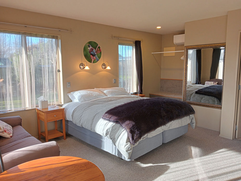 Bedroom with purple fuzzy blanket at food of the bed and a full length ornate mirror on the far wall