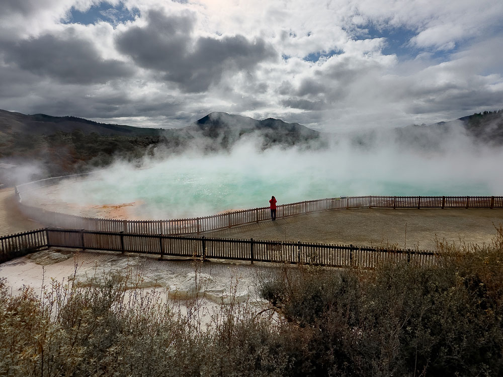 Elevated view of Champagne Pool at Wai-O-Tapu Thermal Wonderland, with steam rising from the vivid geothermal pool as I stand by the safety fence taking a photo.