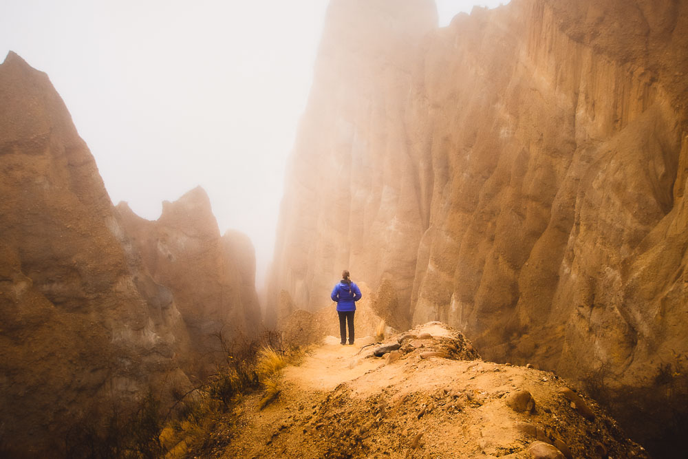 The moody Clay Cliffs on a foggy day