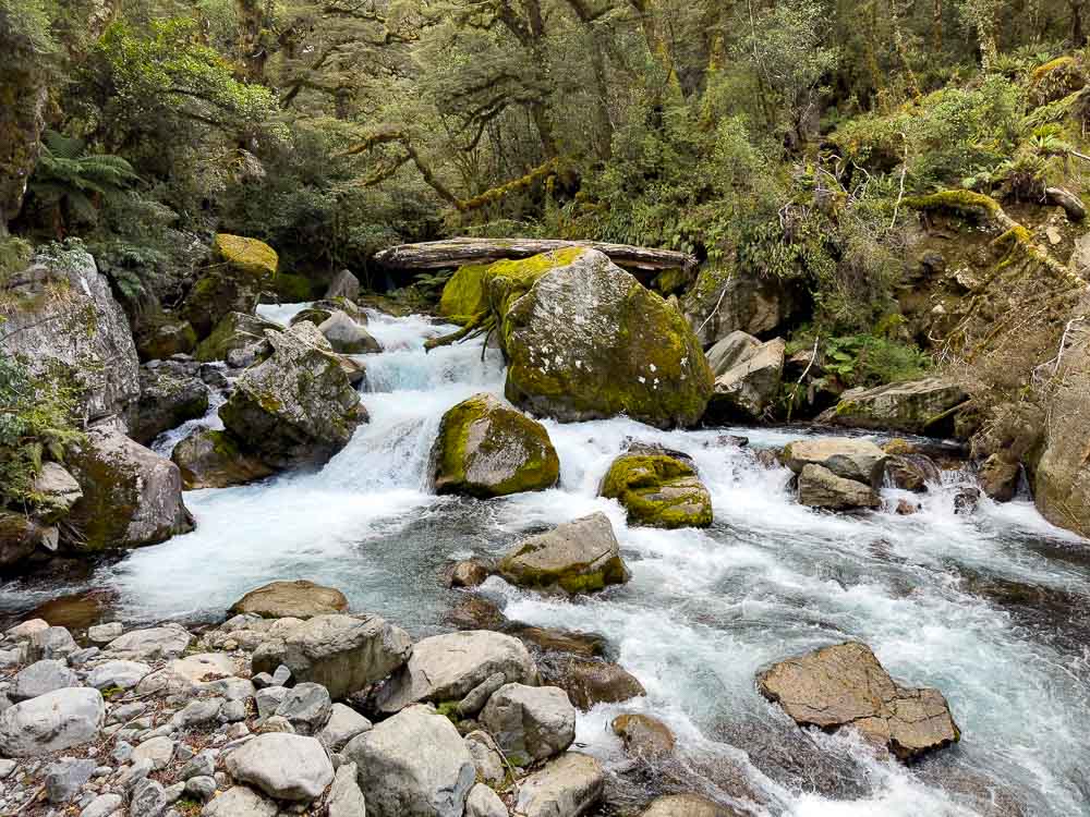 water flowing over moss covered rocks