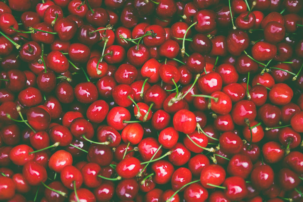 box of cherries close up