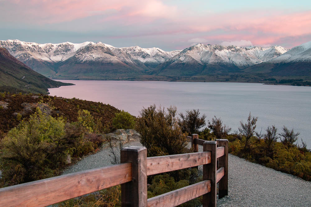 sunset over lake wakatipu from bennett's bluff lookout
