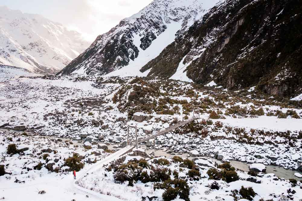 A snow covered Hooker Valley Track at Mount Cook National Park