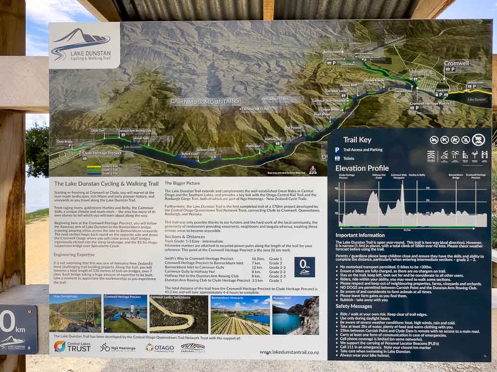 Trail map notice board of the Lake Dunstan Cycling Trail in Cromwell New Zealand