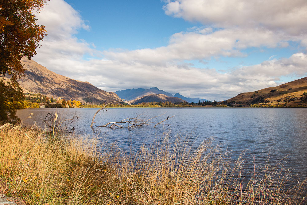 Lake Hayes surrounded by mountains blanketed in golden tones and fall colors.