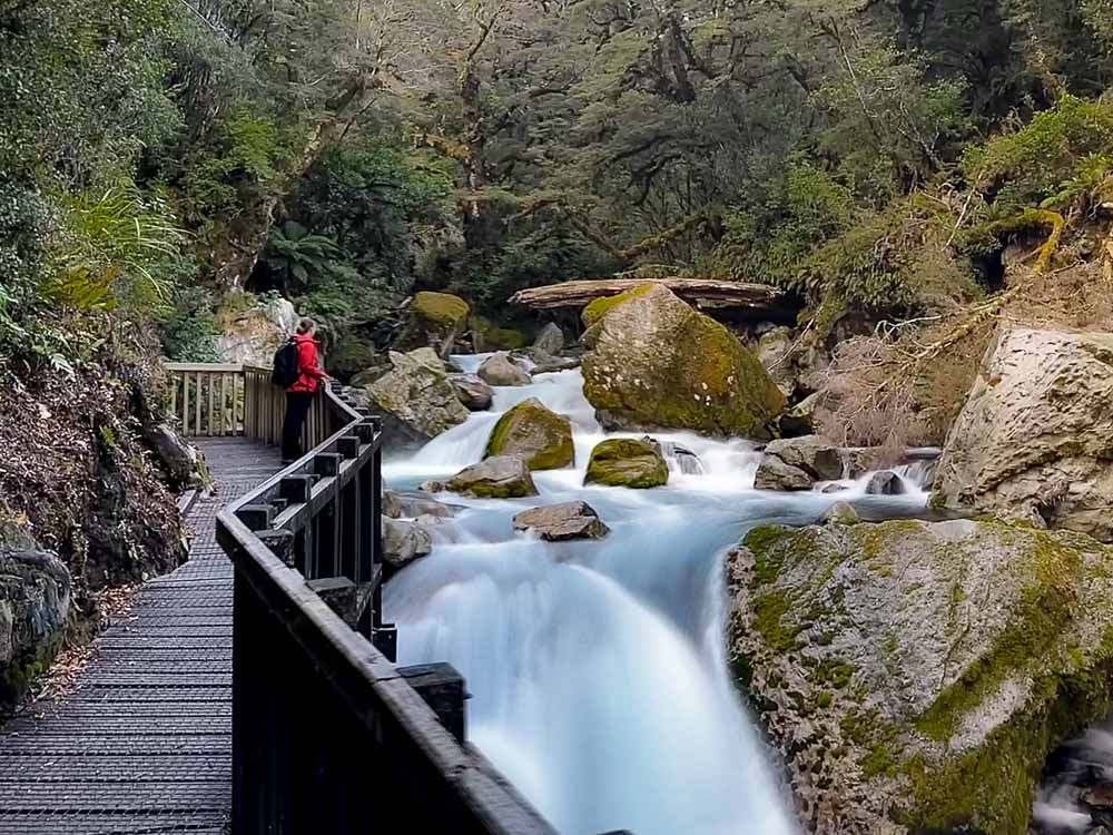 girls standing on wooden platform looking at the lake marian falls