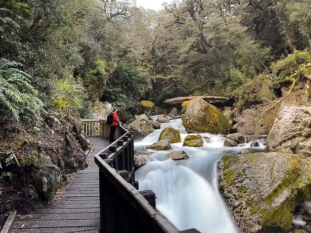 Girl viewing a waterfall from a wooden boardwalk on the Lake Marian Falls Track.