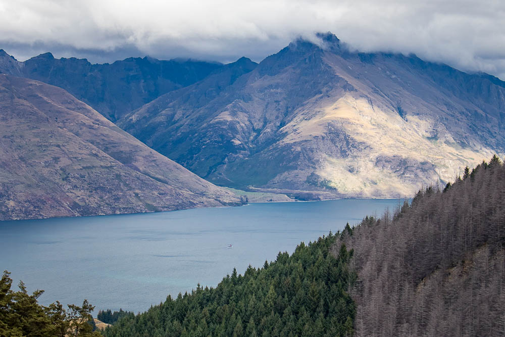 Views over Lake Wakatipu surrounded by mountains and forest.
