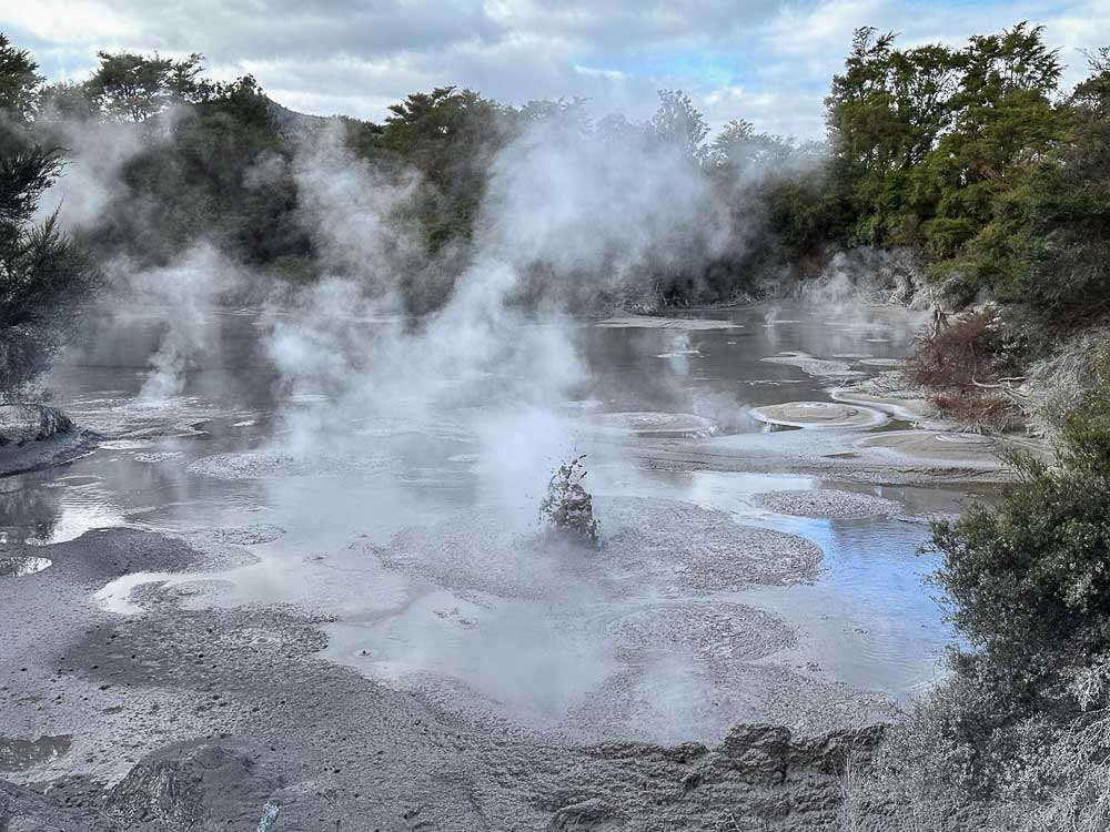 Bubbling mud pools releasing steam at Wai-O-Tapu Thermal Wonderland near Rotorua, New Zealand.