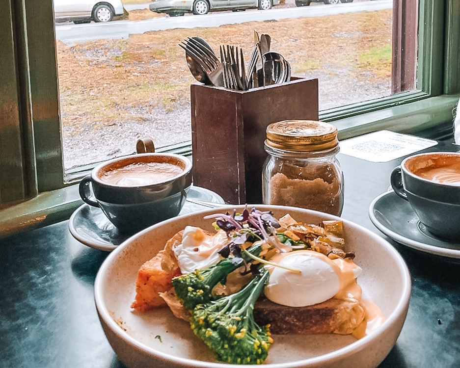 eggs on toast with greens on top in front of a window