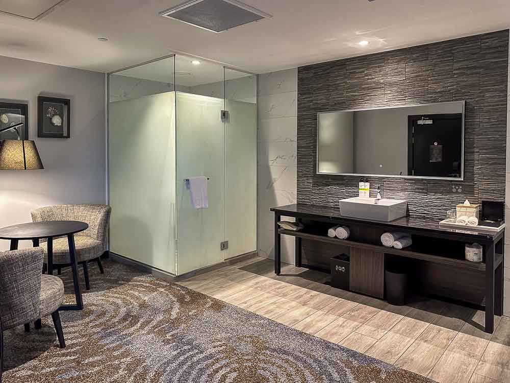 Open-plan room at Pullman Rotorua featuring a sitting area, bathroom and glass-enclosed shower.