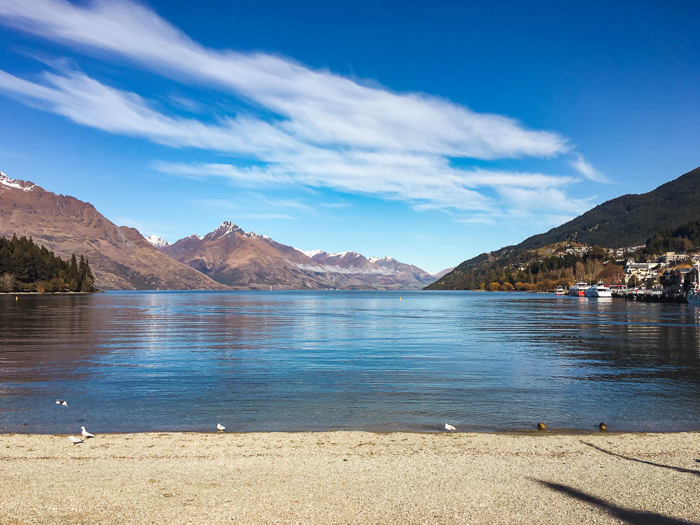Queenstown Bay beach looking out to Lake Wakatipu
