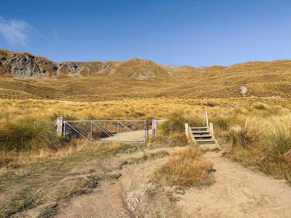 wooden steps next to a gate in a brown field