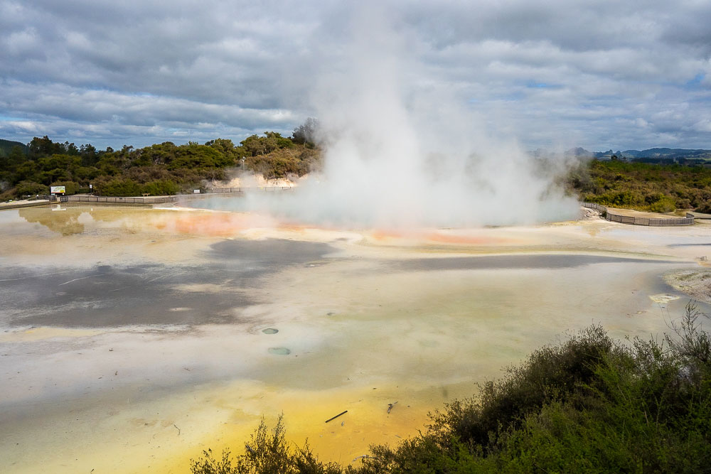 Yellow and orange swirled geothermal water with steam rising from the center at Wai O Tapu Thermal Wonderland in Rotorua New Zealand.